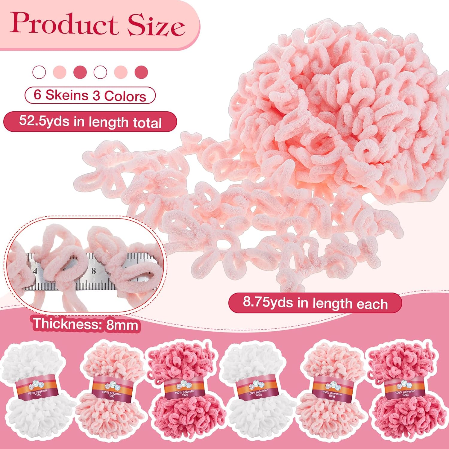 Threlaco 6 Pack Finger Loops Yarn Bulk Soft Chunky Yarn 600 G/ 6 Skeins for Mothers Day Beginners Knitting No Needles or Hooks(White, Pink, Carmine)