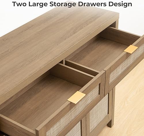 Miniatura 4 de SICOTAS Aparador de ratán con almacenamiento, armario bohemio de credenza con 3 puertas y 2 cajones, consola de granja cafetería para cocina, sala