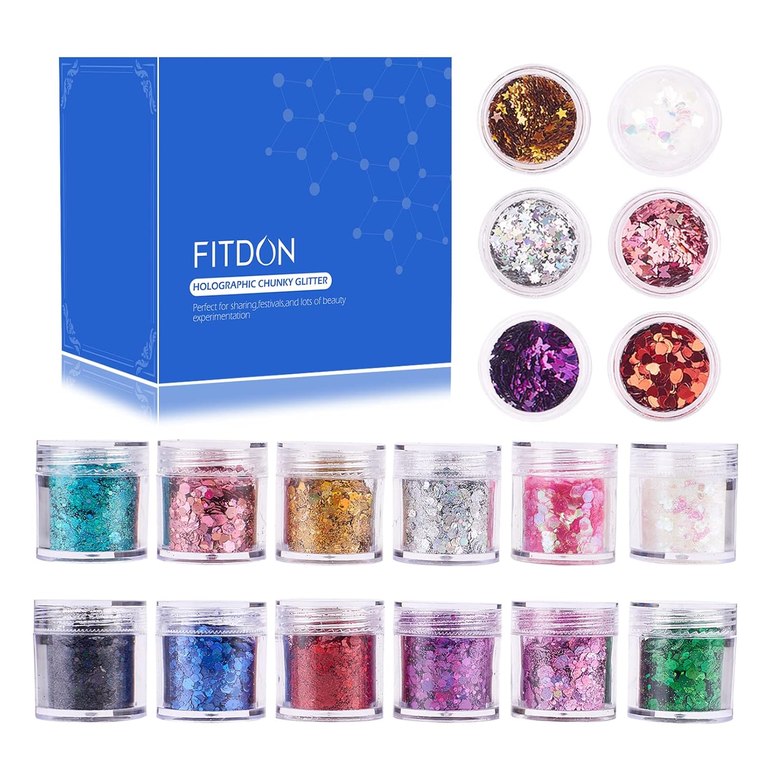 Holographic Chunky Glitter Set, FITDON 12 Colors Face Body Eye Hair Nail Festival Makeup Glitters & 6 Jars Butterfly Star Heart Glitter Sequins