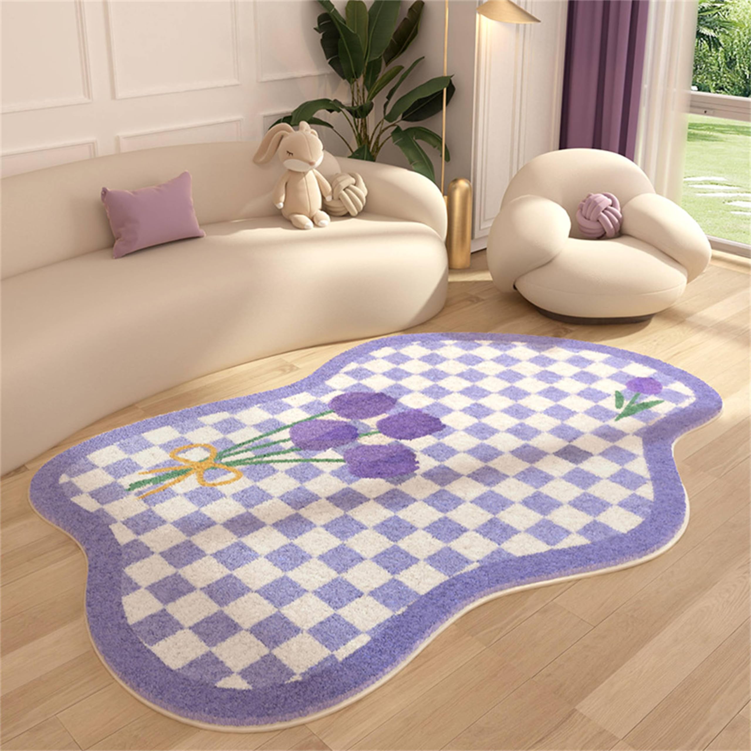 Houient Purple Flower Area Rug, 3x5ft, Modern Purple and White Plaid Print Carpets, Irregular Household Simple Imitation Cashmere Carpet Suitable for