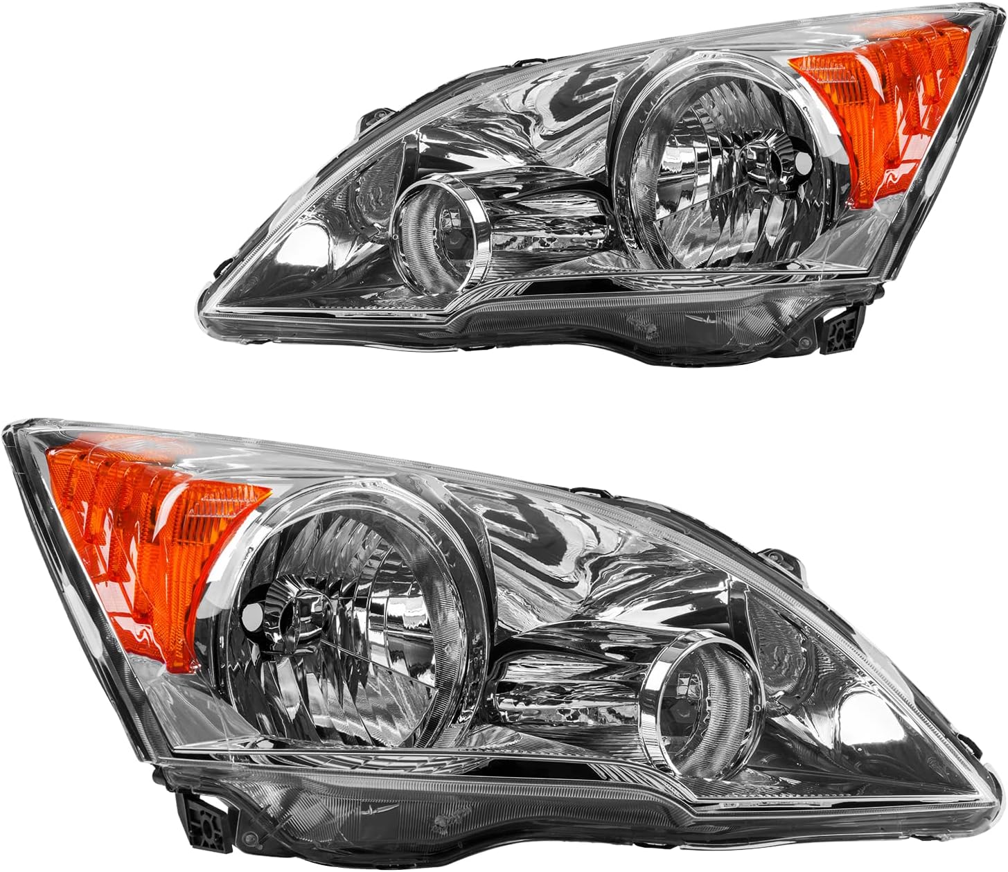 PHILTOP Headlight Assembly Compatible with 2007-2011 CR-V, Chrome Housing with Clear Lens and Amber Reflector, OE-Style Replacement