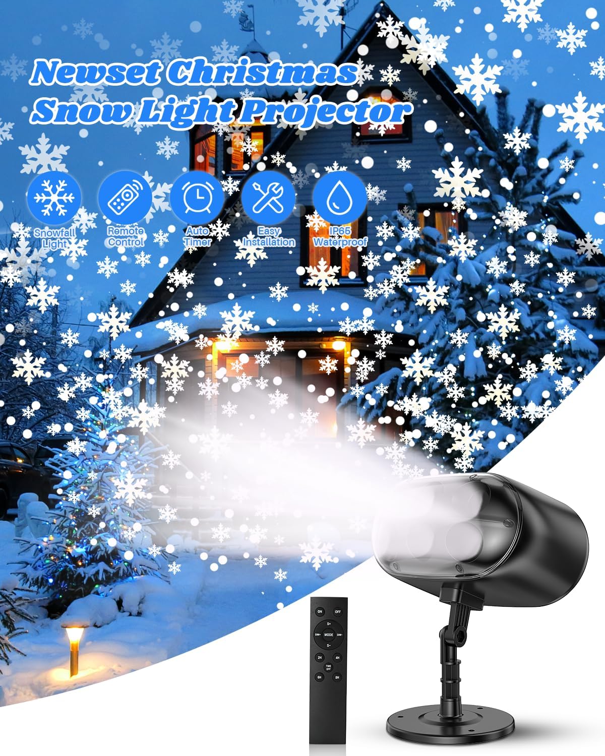Christmas Projector Lights Outdoor, Snowflake Projector Lights, Adjustable Dynamic Snow Light Show with Remote Control, 270° Rotating Outdoor Snow Falling Projector Lamp
