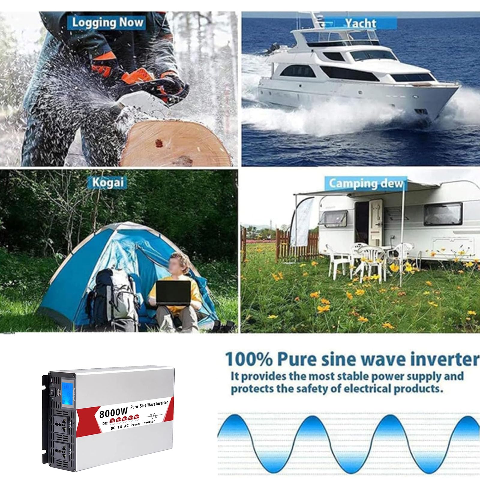 12v to 220v,Inversor de energía, con 2 Tomas de Corriente CA Inversor de Onda sinusoidal Pura 8000W CC 12V 24V 48V 60V 72V a CA 110V/220VInversor de energía para automóvil