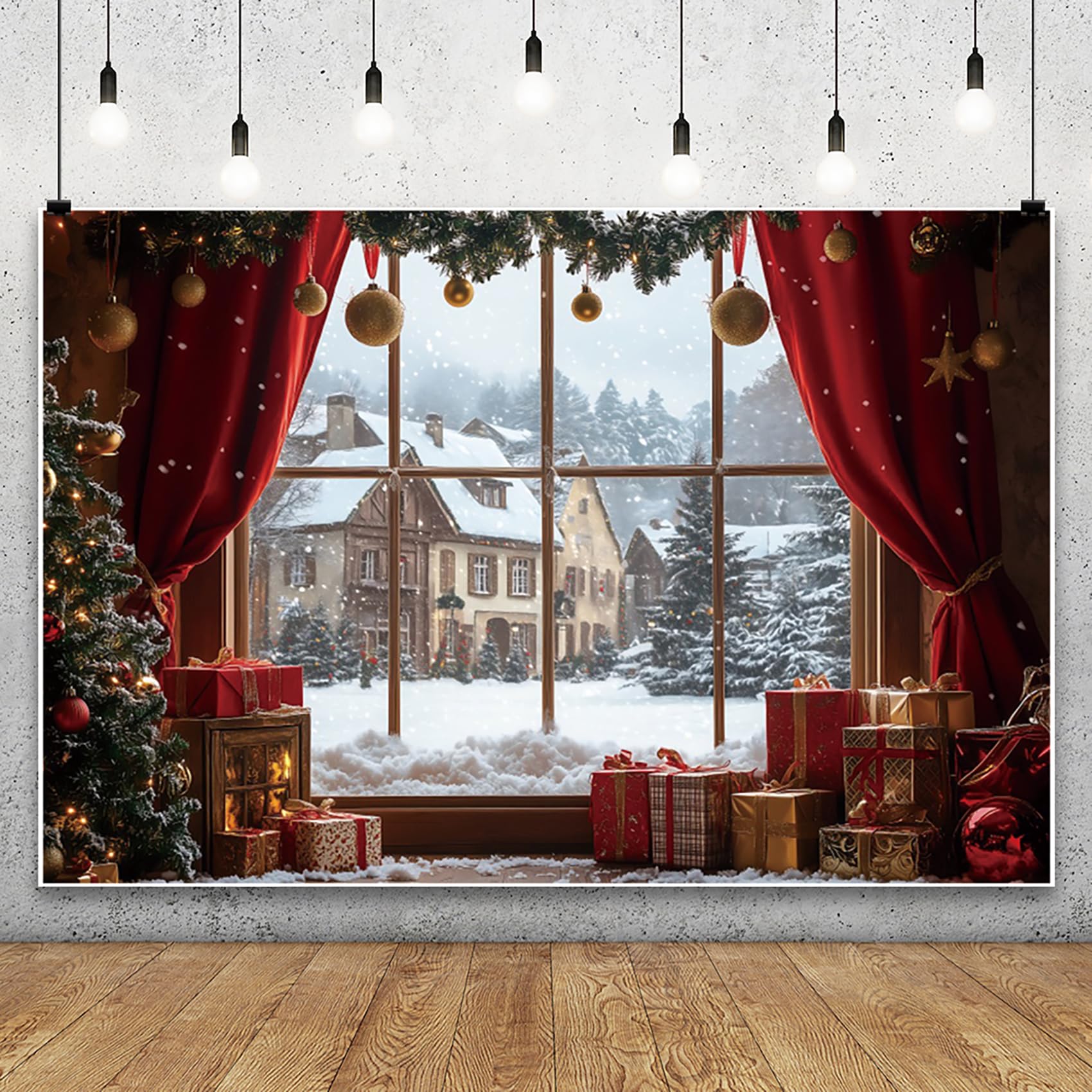 6x3m Sfondo Natalizio Finestra Invernale Scena di Neve Tenda Rossa Festa di Capodanno Sfondo Fotografico Vacanza Invernale Famiglia Vigilia di Natale Decorazione Festa Banner