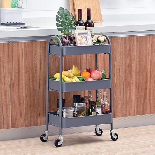 Miniatura 2 de TOOLF Carrito con ruedas de 3 niveles, carrito utilitario de metal sin tornillos, fácil de montar, carrito de almacenamiento resistente con asas y