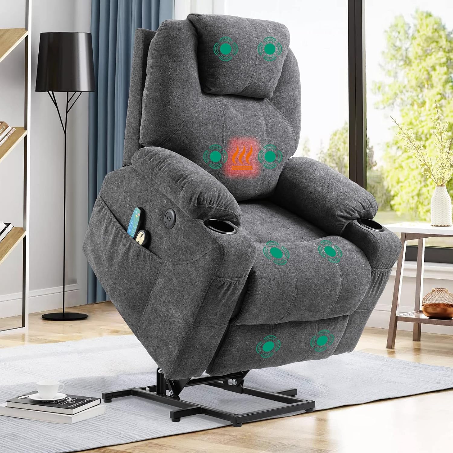 VIVIJASON Power Lift Chair Electric Recliner for Elderly Heated Vibration Massage Soft Fabric Recliner Chair with 2 Remote Controls, USB Ports, Side Pockets & Cup Holders for Living Room (Blue)