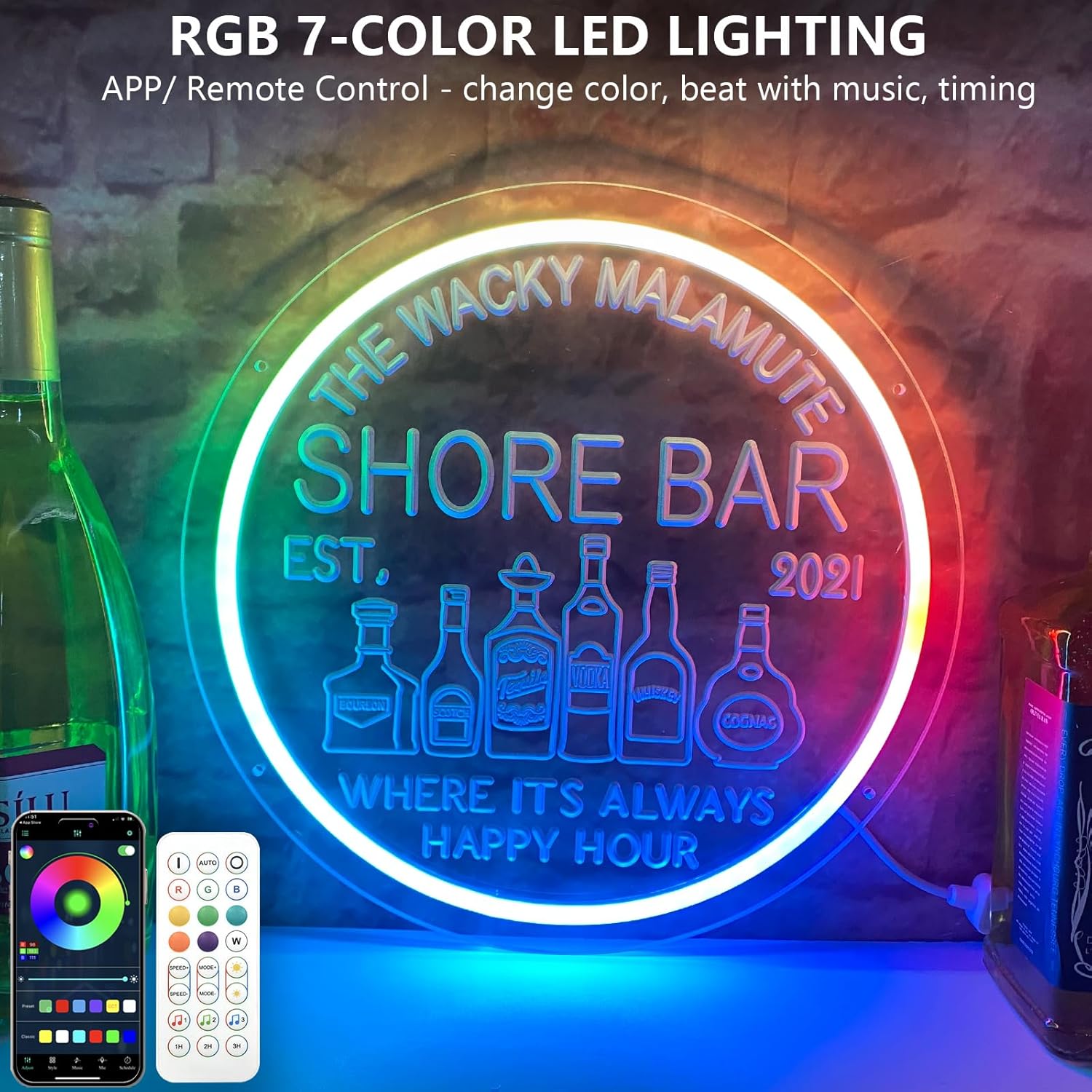 Custom Bar Neon Sign with Remote for Man Cave Wall Decor, Personalized LED Dimmable Bar Neon Light, Light Up Signs Home Pub Bistro Shop Business Decor, Birthday Gifts for Men Dad 12''x12''