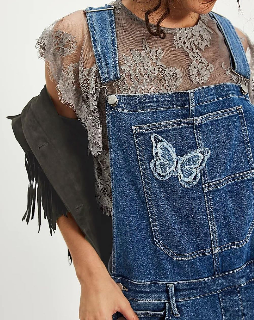 CHARTOU Women Y2k Butterfly Embroidered Denim Overalls Cropped Baggy Barrel Jeans Adjustable Bib Wide Leg Jumpsuits