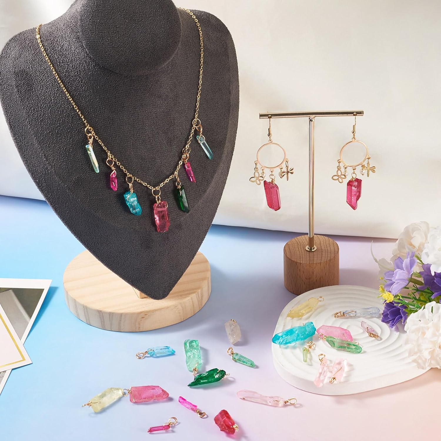 Natural Nuggets Gemstone for Necklace Two Tone Rectangle Crystal Stone Dangle Healing Chakra Stone with Jump Ring for Earring Wind Chime Jewelry Making - Image 4