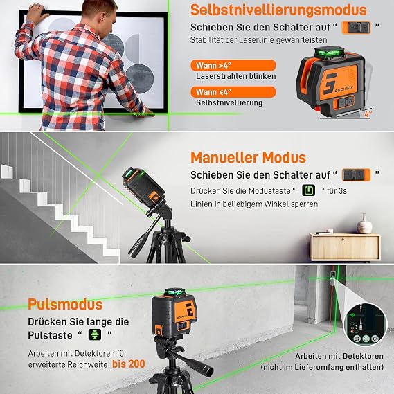 GOCHIFIX 360 Laser Level with Tripod 5 Lines Laser Level 2 Plumb Dots Self Leveling Green Line Laser Level Tool for Construction, Floor Tile Included Target Plate, Battery, Carry Bag, Black + Orange