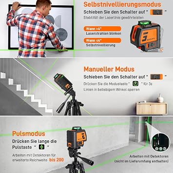GOCHIFIX 360 Laser Level with Tripod 5 Lines Laser Level 2 Plumb Dots Self Leveling Green Line Laser Level Tool for Construction, Floor Tile Included Target Plate, Battery, Carry Bag, Black + Orange
