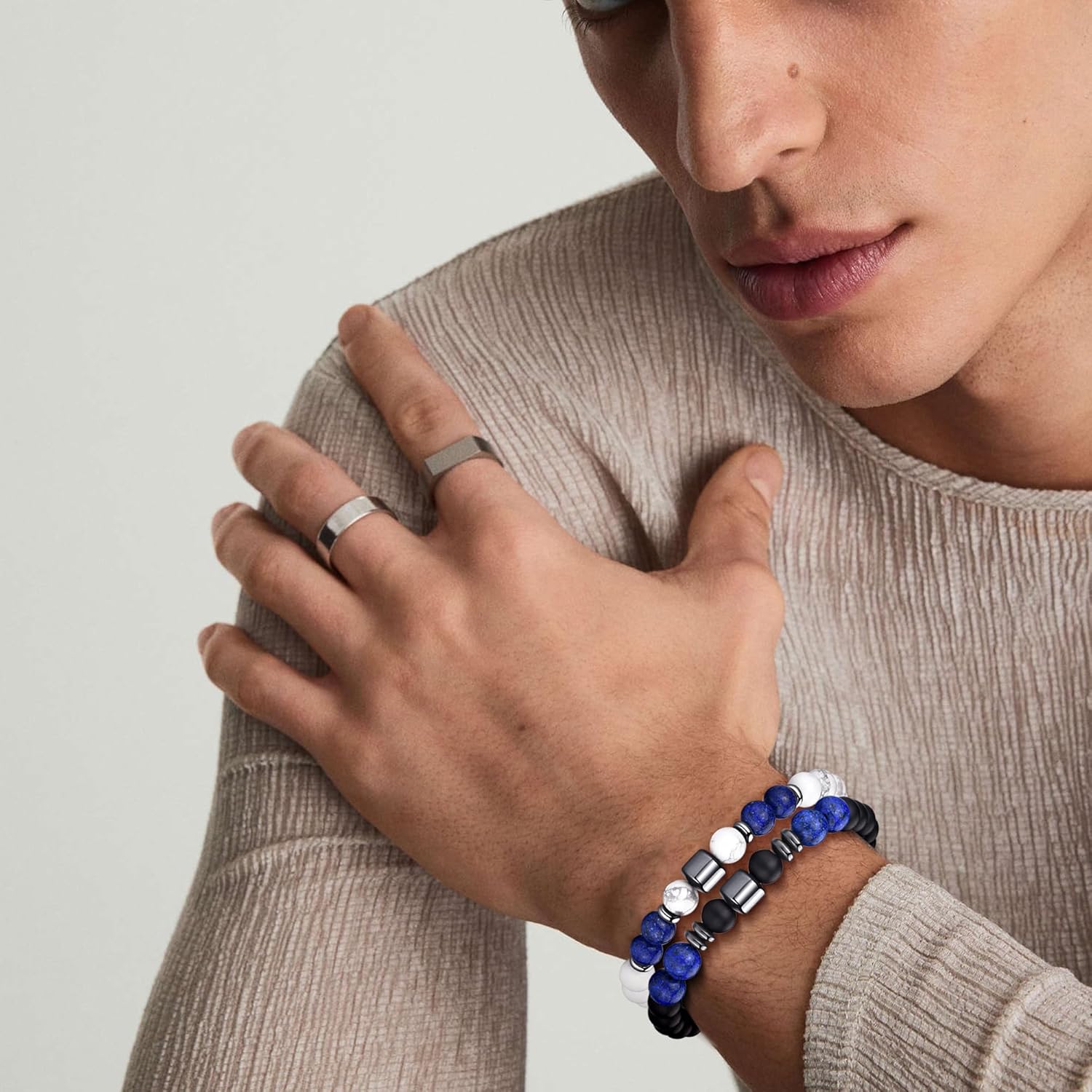 RANKEEF Mens Beaded Bracelets Set 8MM Tiger Eye Lava Stone Stretch Natural Stone Men's Bead Bracelet Mens Bracelet - Image 5