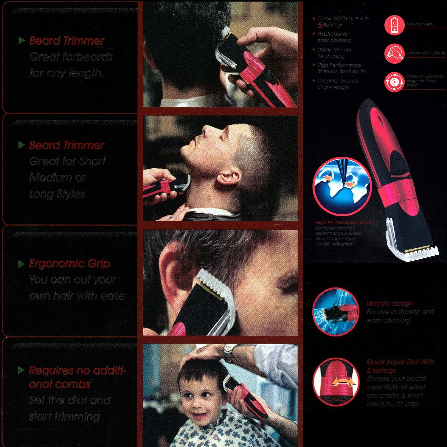 Collage showing various uses of the hair clipper, including beard trimming, hair cutting, and ergonomic grip