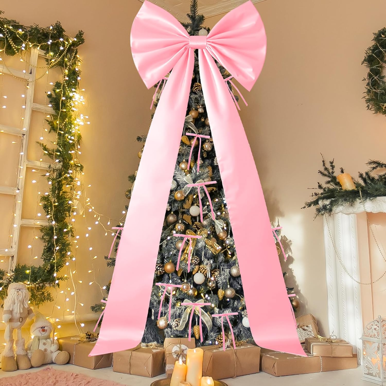 Daifunli 71 x 20 Inch Giant Pink Bow Christmas Tree Topper with 24 Pcs Velvet Christmas Bow Extra Large Xmas Tree Topper Decor for Holiday and Home Wreath Wall Backdrop Decor