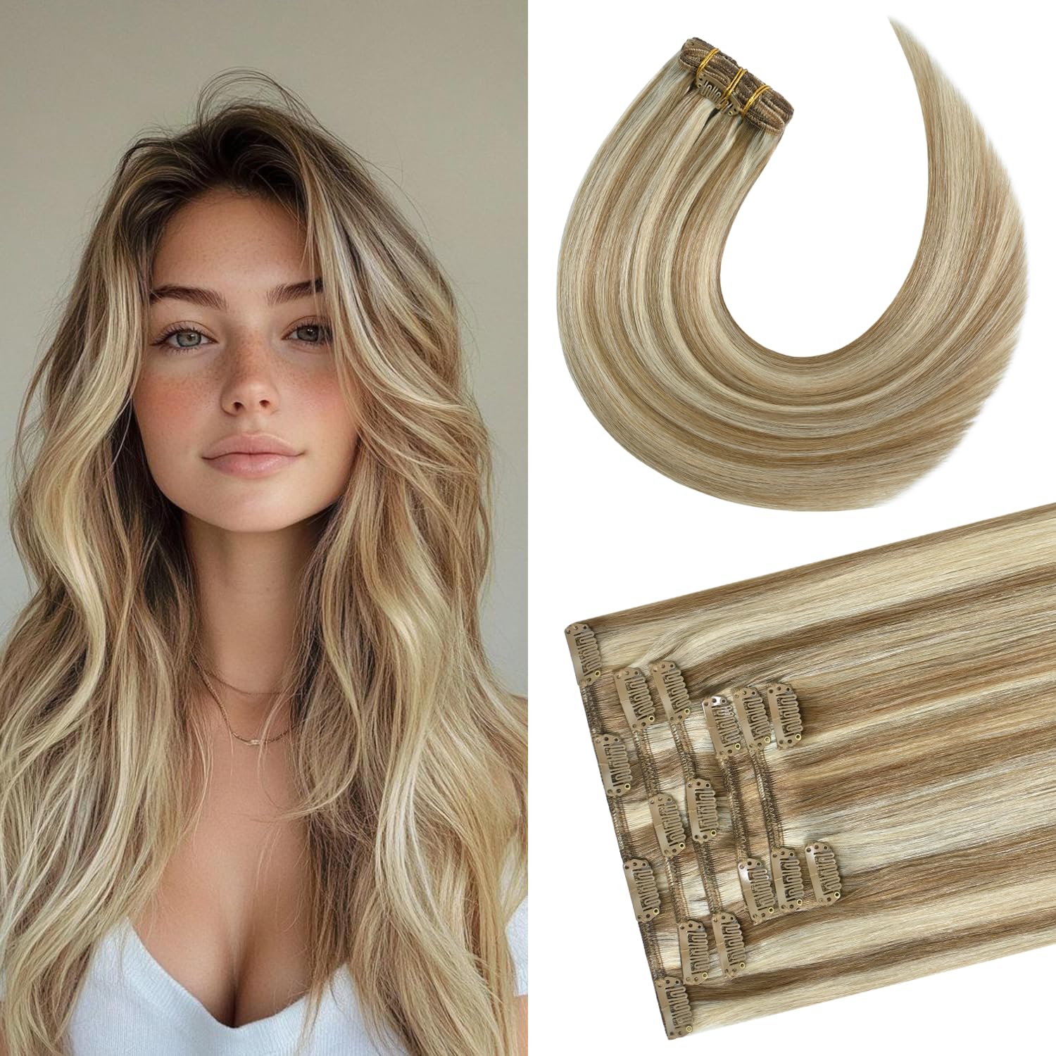 Newfeeling Clip in Hair Extensions Golden Blonde Highlights Hair Extensions 20 inch 75g Straight Natural Smooth Human Hair Remy Human Hair Extension