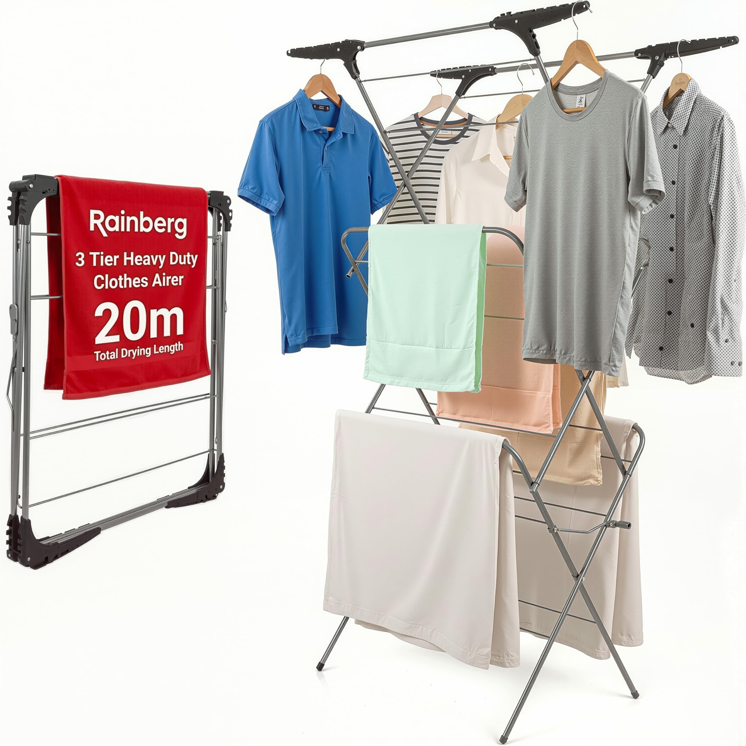 Rainberg 3 Tier Clothes Airer Drying Indoor and Outdoor, Laundry Rack with Non-Slip Feet and Corner Spaces for Hangers, Flat foldable for Space Saving Washing Line, 20m Drying rack