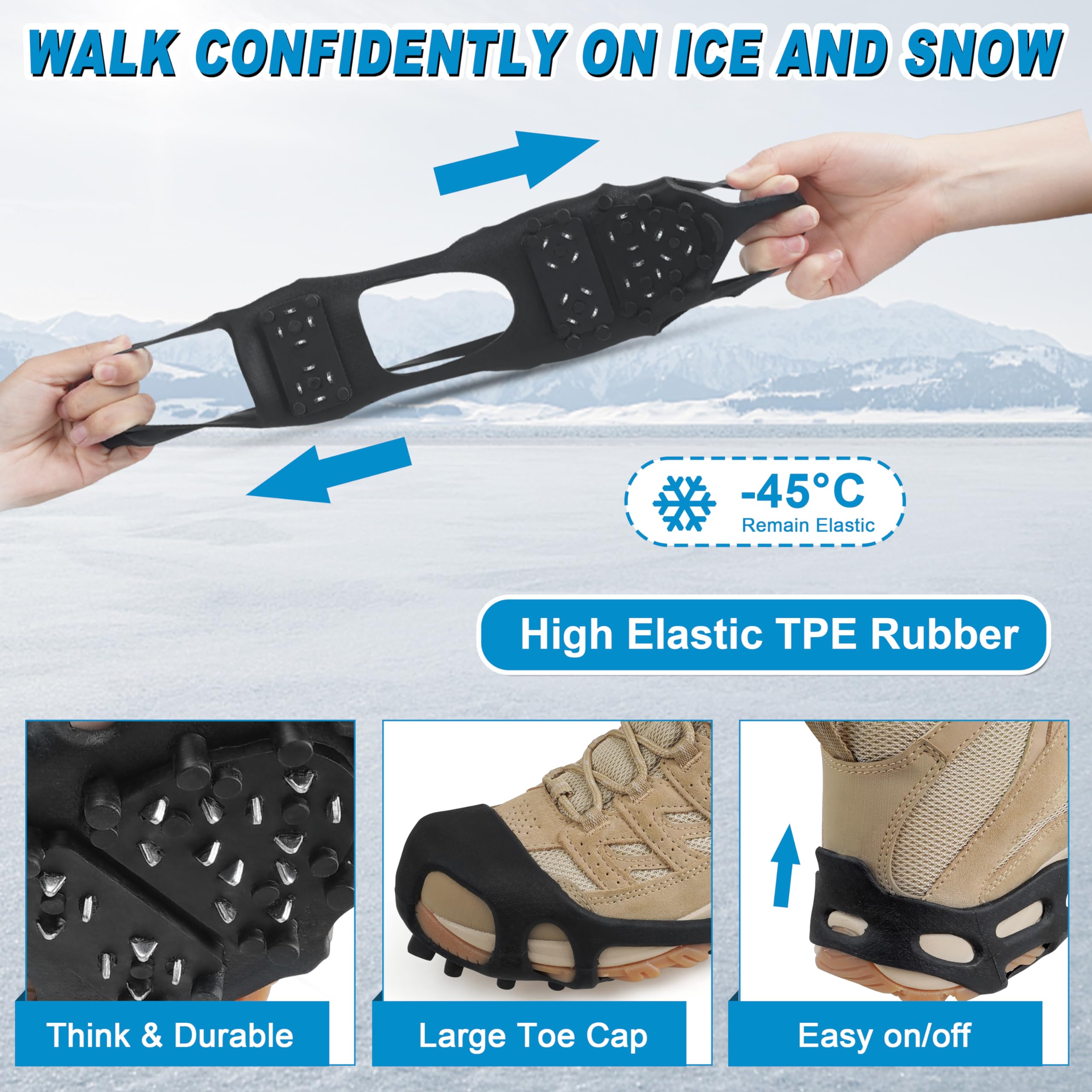 Pattes de traction Ice Snow Crampons antidérapants Chaussures de neige Crampons Marcher sur la neige et la glace Bottes d'hiver Marche Bottes Crampons pour Hommes Femmes Randonnée Jogging (28 crampons