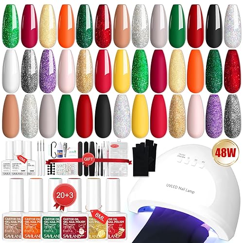 Saviland Kit de esmalte de uñas de gel con luz UV 55 piezas de esmalte de uñas de gel de uñas de Navidad con kit de inicio de luz UV mate  brillante