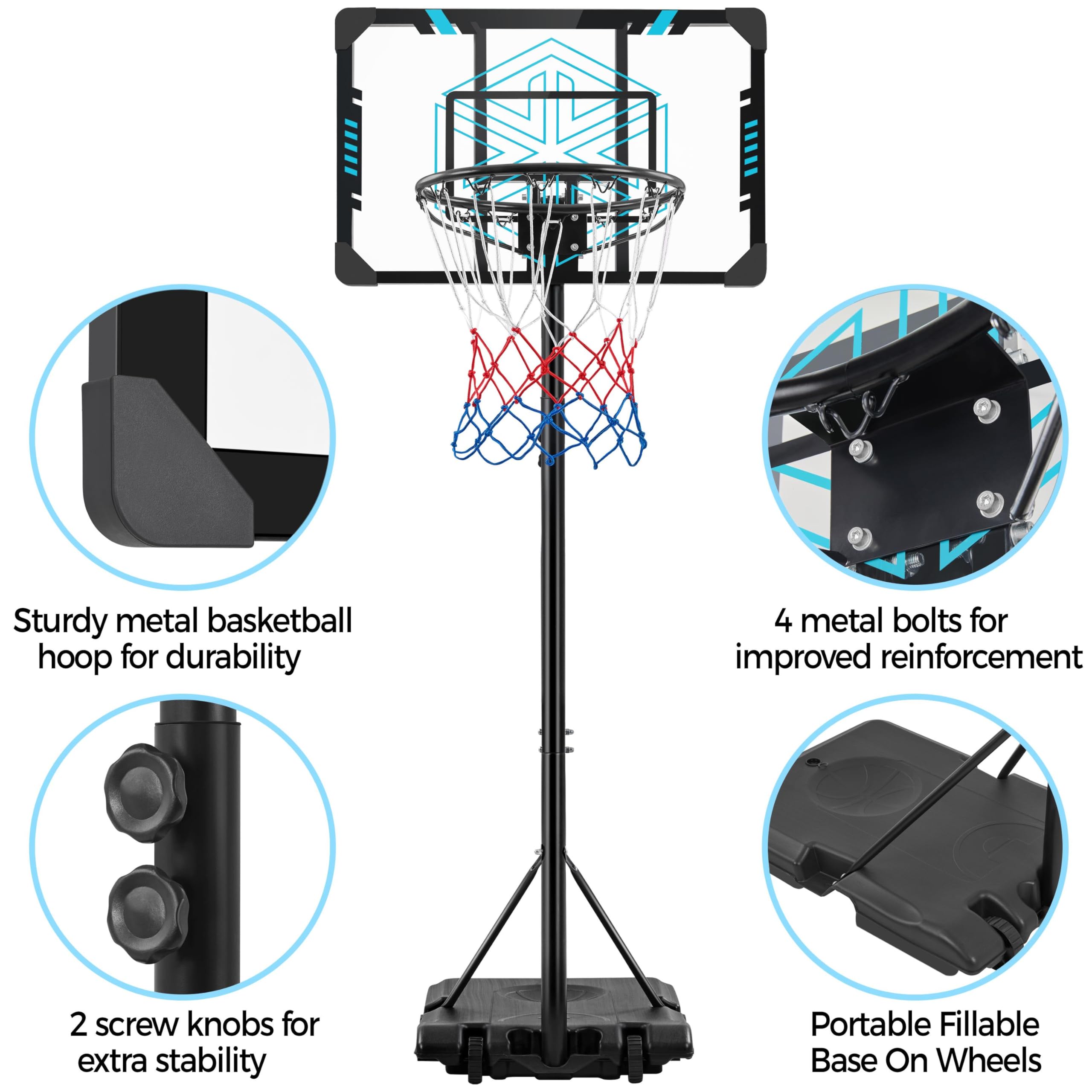 Canestro Basket Portatile Yaheetech - Regolabile In Altezza (182-212cm), Con Tabellone Trasparente E Ruote, Blu - Foto 6
