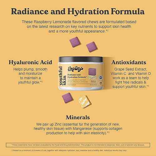 Miniatura 3 de CHEWSY Youthful Skin, Vitaminas masticables frutales, fórmula de resplandor e hidratación, ácido hialurónico, extracto de semilla de uva,