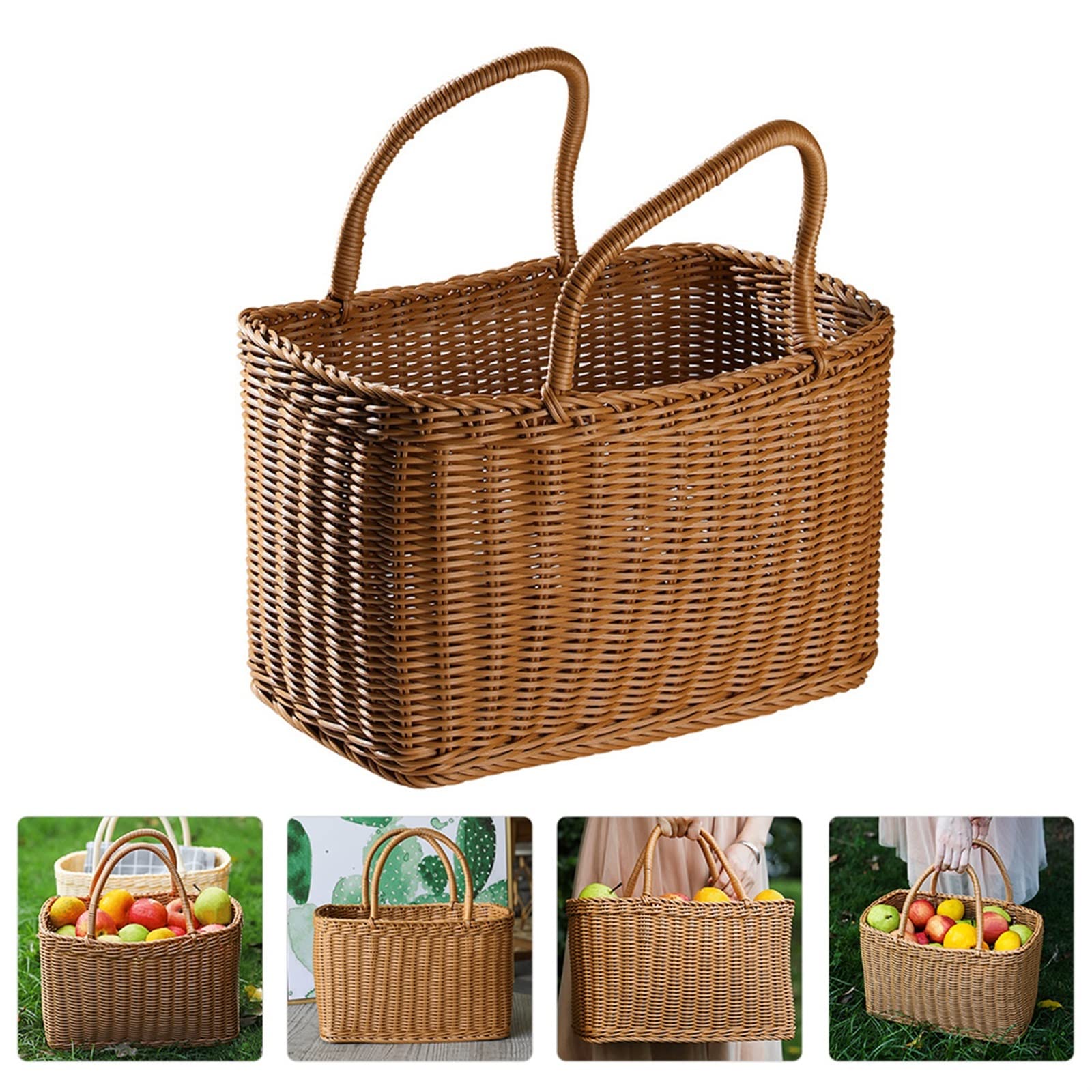 Paniers De Pique-Nique Paniers De Rangement Sac De Pique-Nique en Rotin Fleur Plage avec Poignée Paille Marché Fruits Fourre-Tout pour Les Achats À La Main，