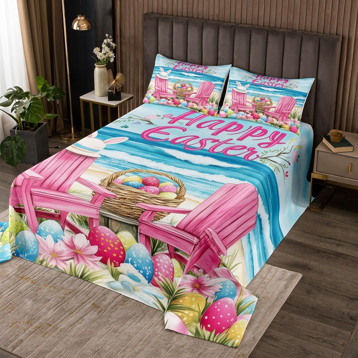 Homewish Watercolor Floral Eggs Bedspread Twin Size,Pink Bownot Bedding Set 2Pcs,Happy Easter Theme Comforter Set for Kids Girls Boys Teens Room Decor,Colorful Butterfly Coverlet Quilt,1 Pillowcase
