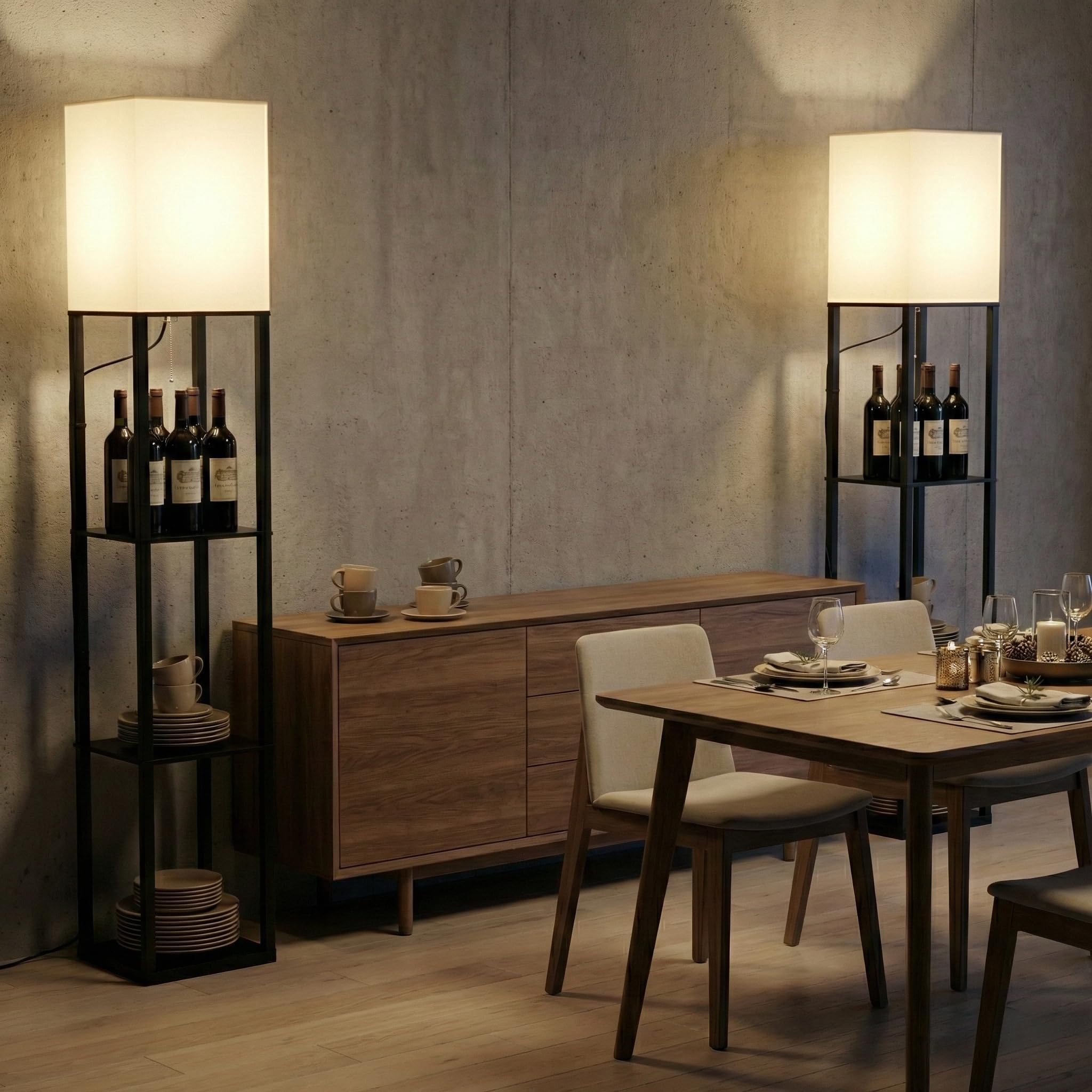 Stehlampe mit Regal aus Holz,2 er set,160 cm hoch Stehleuchte mit E27 Dimmbar 3-Farbtemperatur-LED-Lampe,Standleuchte mit Weiß Lampenschirme,Lampen für Schlafzimmer Wohnzimmer Ecke Flur Büro,Schwarz