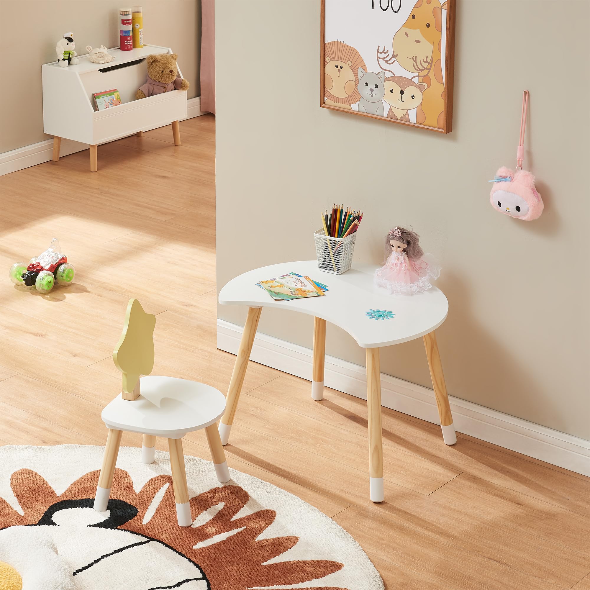 [en.casa] Kinderschreibtisch Set mit Stuhl Lallega Kindertisch Mond- und Stern-Design Schreibtischstuhl mit Rückenlehne Kinderspieltisch Maltisch für Kinder Weiß