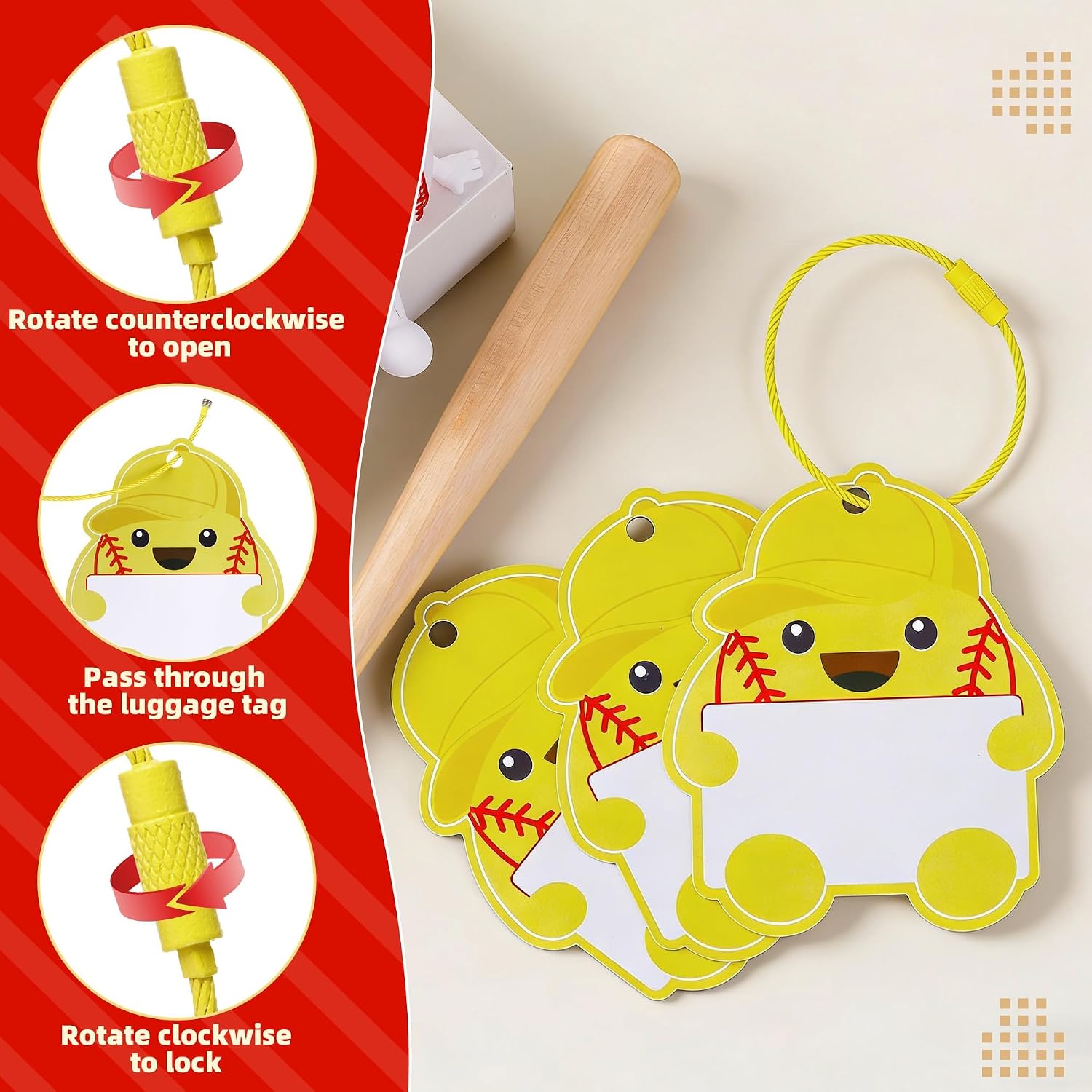 12 Pcs 3.3 Inch PVC Positive Softball Keychain, Softball Luggage Tags for Suitcases, Softball Name Tags with Metal Ring for Team Gift Party Supplies, Yellow