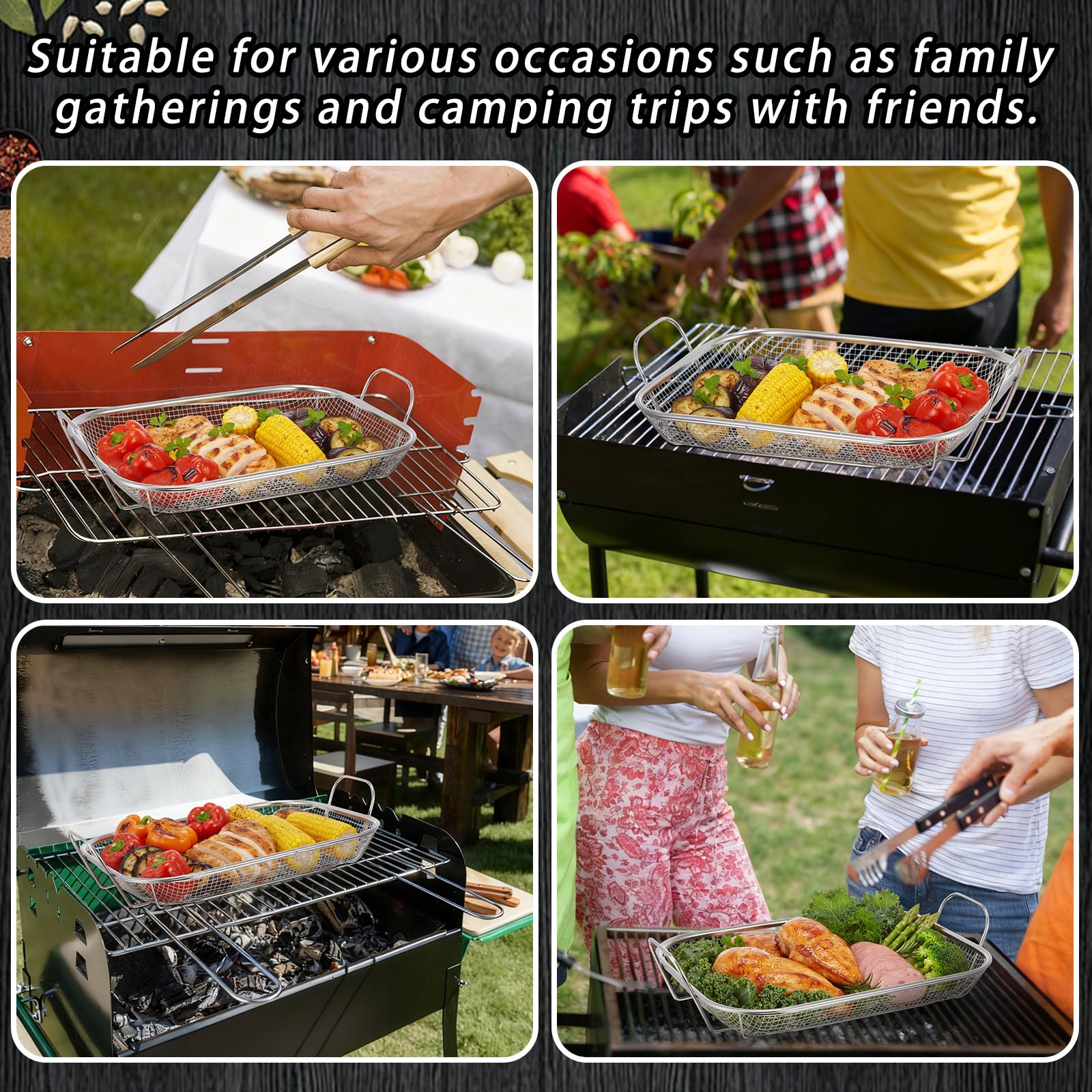 LemonRoad 2 pezzi in acciaio inox griglia arrosto cestino esterno, 38 x 28 cm grande verdure e carne barbecue cestino con due manici, lavabile in lavastoviglie