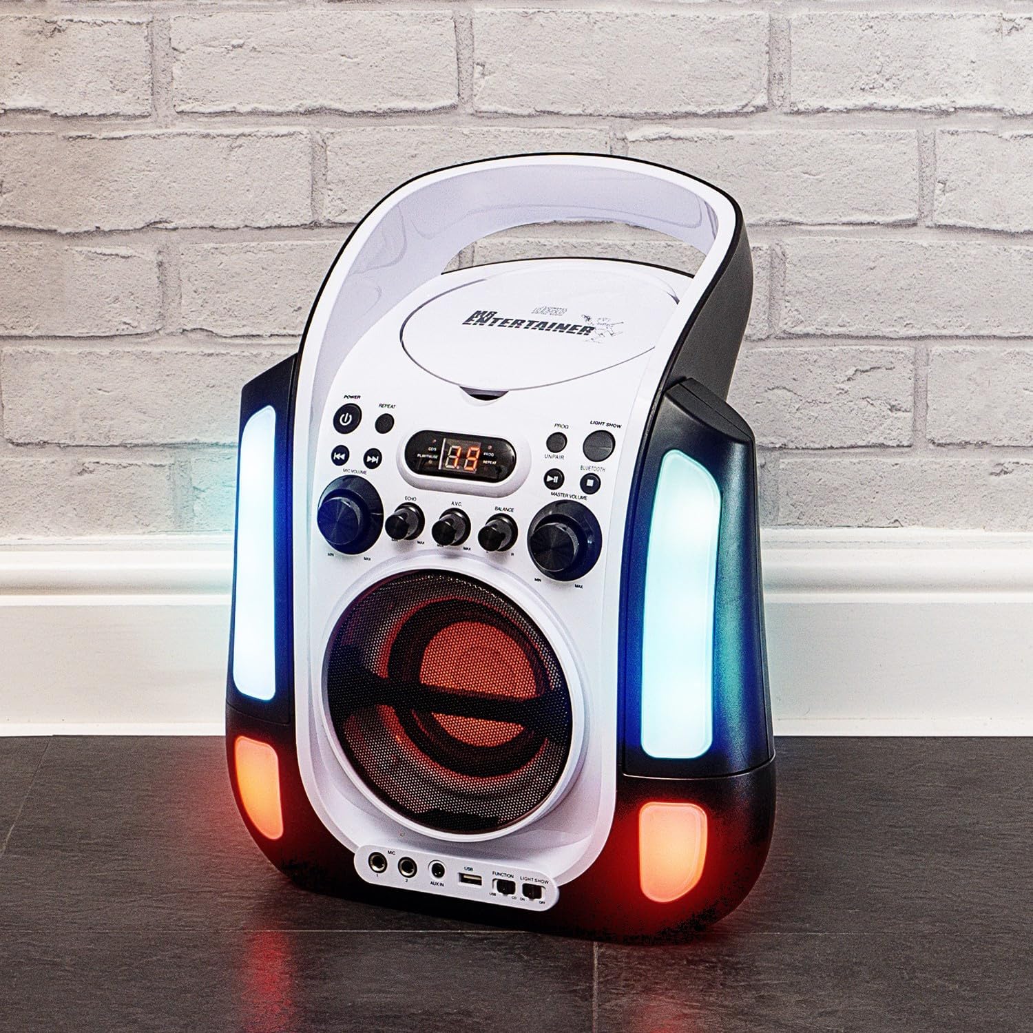 PM - Altoparlante lettore per karaoke per bambini, LED, USB, Bluetooth, eco, regolabile, microfono + CD audio, 12 ore di autonomia + luce OVNI
