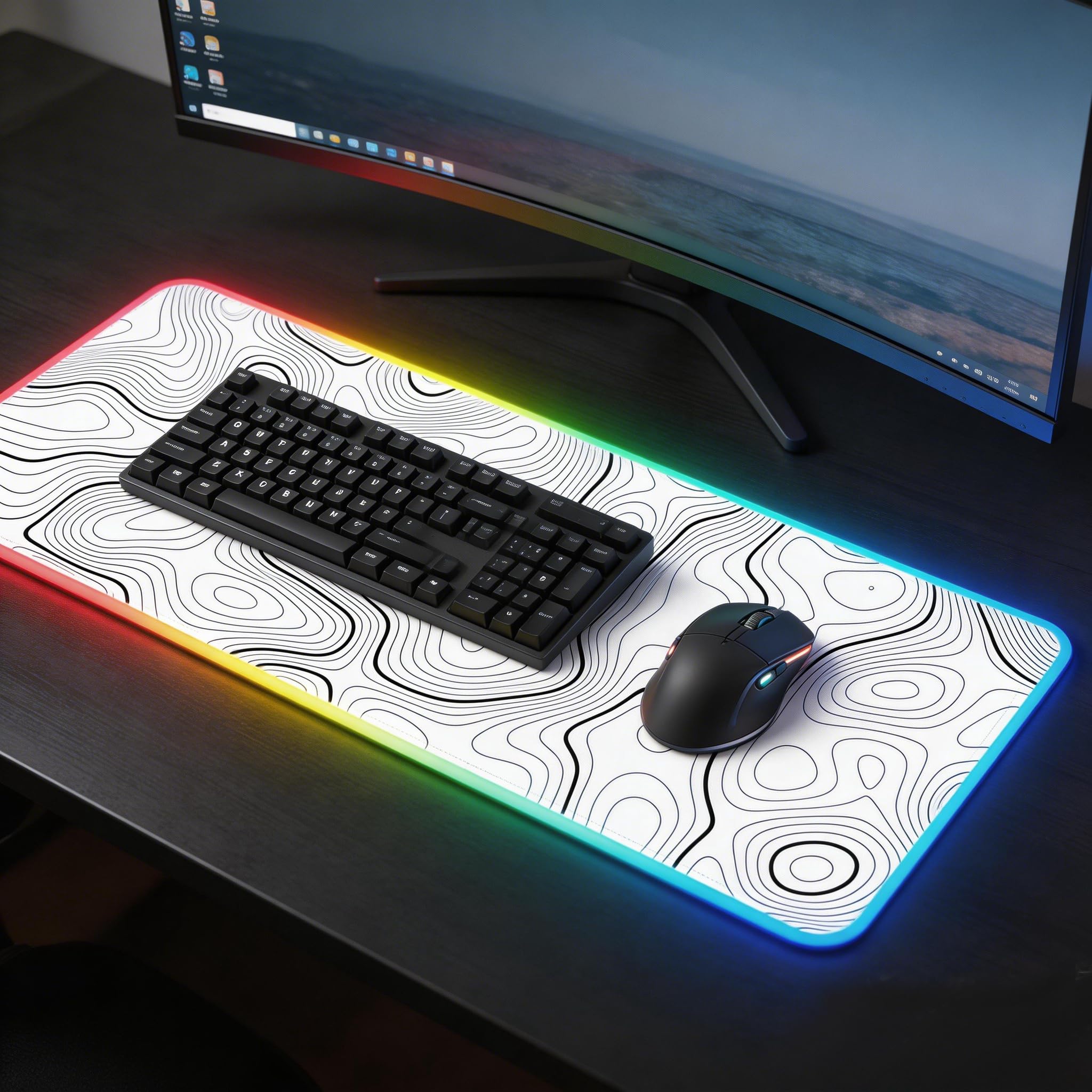 Podkładka pod mysz RGB LED podkładka na biurko duża gamingowa podkładka pod mysz biała z czarnym wzorem topograficznym linii, podkładka pod klawiaturę XL podkładka pod mysz do domu i biura (biała z