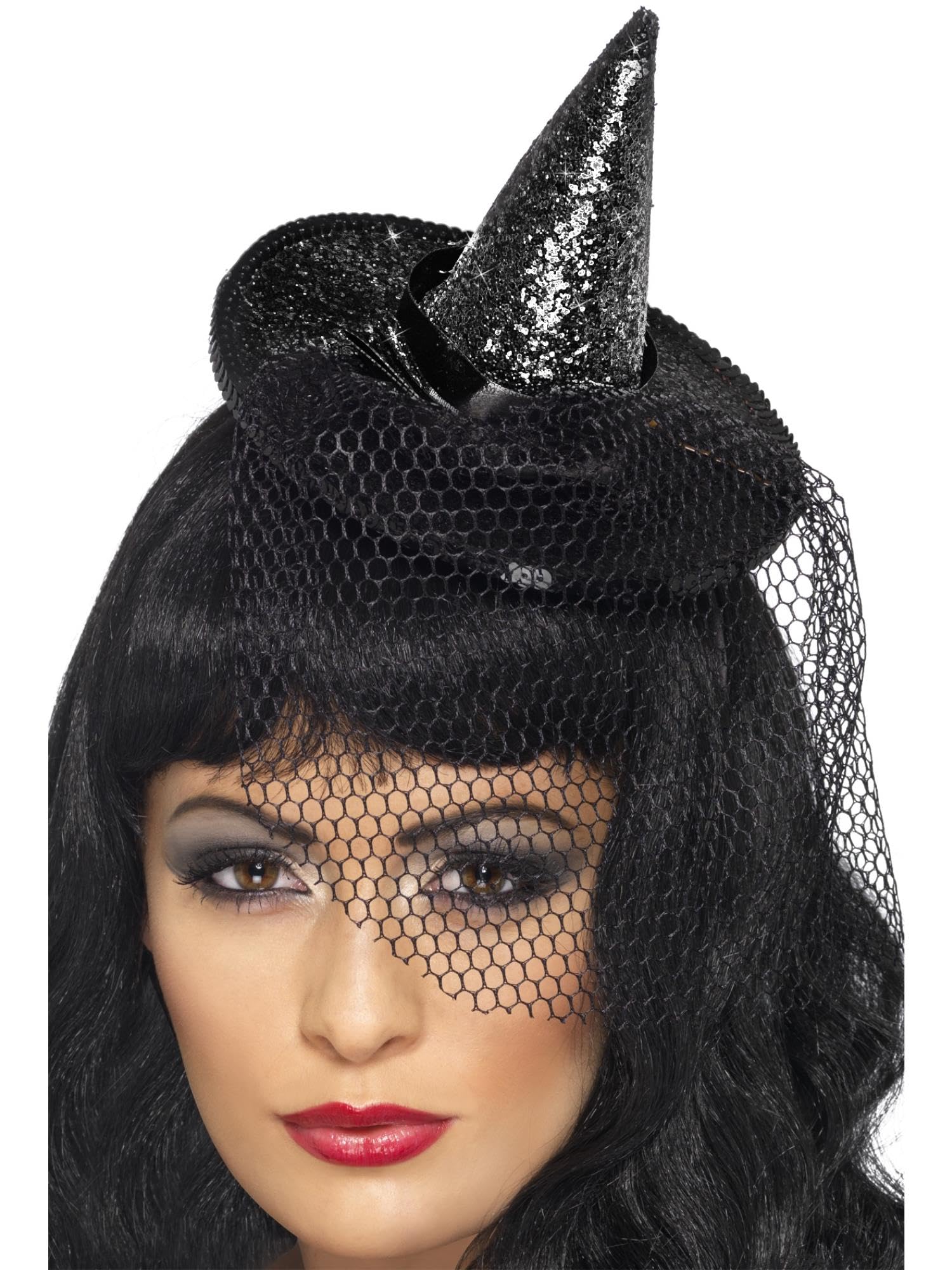 Smiffys Mini Witch's Hat, Black Glittered, on Headband with Netting, Halloween Fancy Dress Accessory, Witch Dress Up Hats Halloween