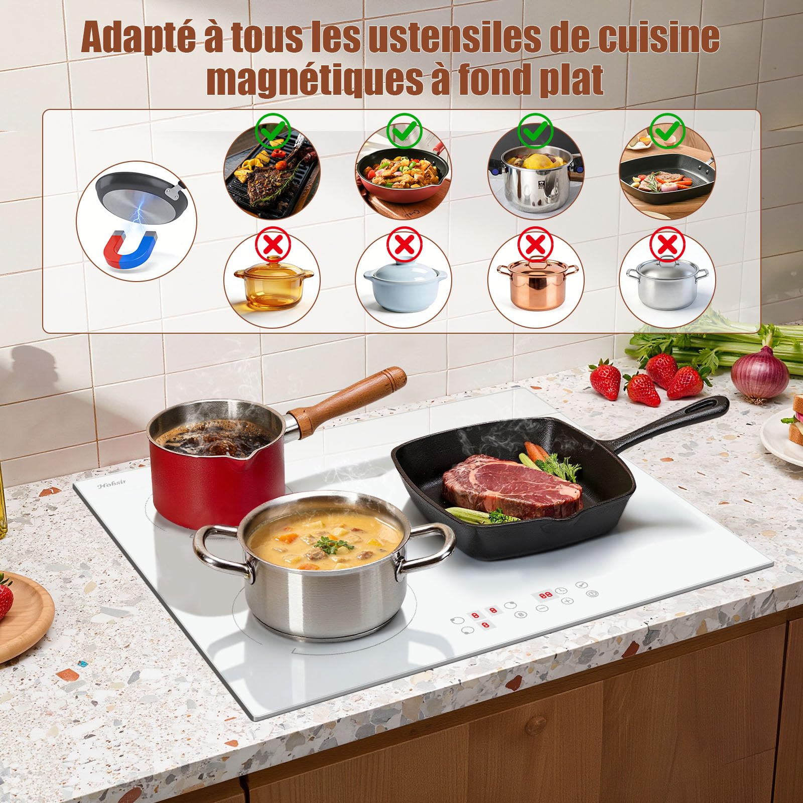 Plaque Induction 3 Feux 60cm 3500W Encastrable avec Prise, Blanc, Boost, Verrouillage Sécurité, Commande Tactile, Minuterie 99 Min