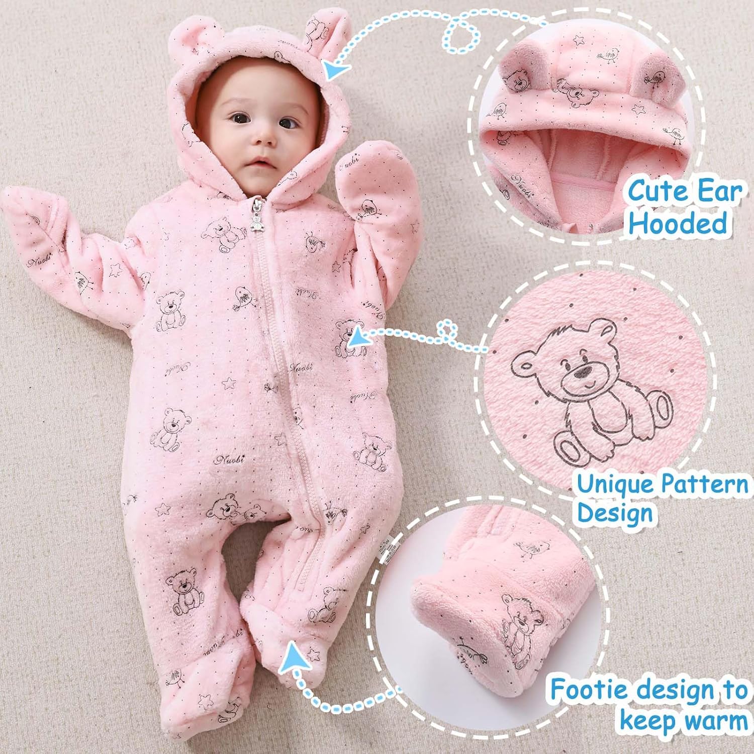 Fairy Baby Newborn Baby Bear Suit Thin Fleece Footie Romper Snowsuit Hooded Jumpsuit Bodysuit Winter Clothes Boy Girl 0-12M - Image 2