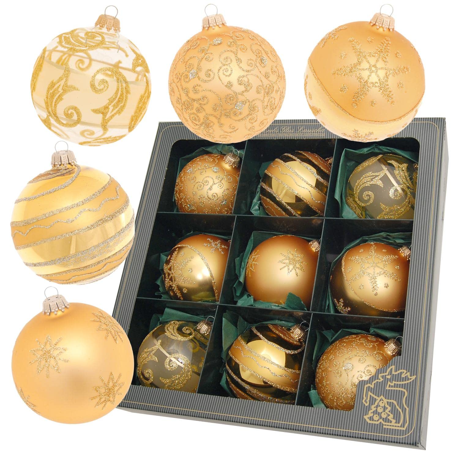 Klar/Satin-Gold, Glaskugelsortiment 8cm, 5 versch. Designs, mundgeblasen, handbemalt