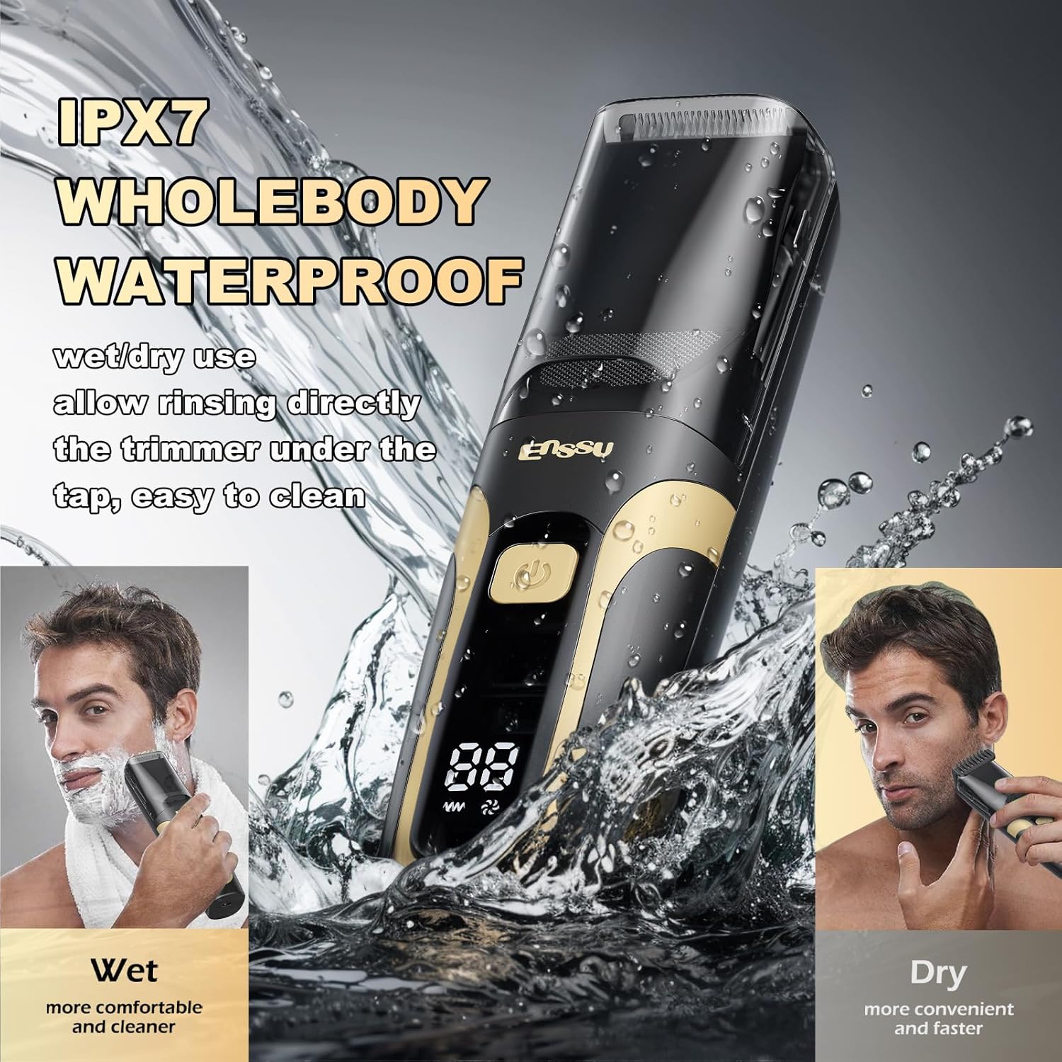 Beard Trimmer for men, Vacuum Mustache Trimmer with Type-C Charging, IPX7 Waterproof Electric Shaver Body Hair Trimmer for Men with LCD Display, Length Adjustable Blade Wheel (1/25"-4/5") (Black)