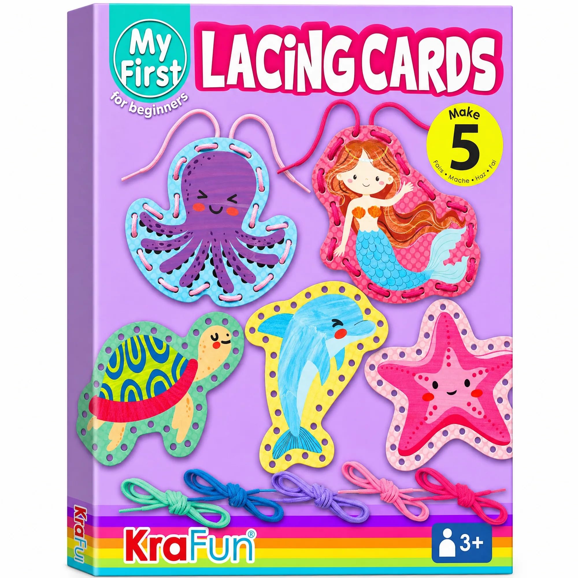 KRAFUN Beginner Mermaid Lacing Card Kit for Kids Arts & Crafts, 5 Easy Mermaid, Animal Lacing Projects, Instructions Included, Lacing Cards for Toddlers, Fine Motor Preschool Skills Toys