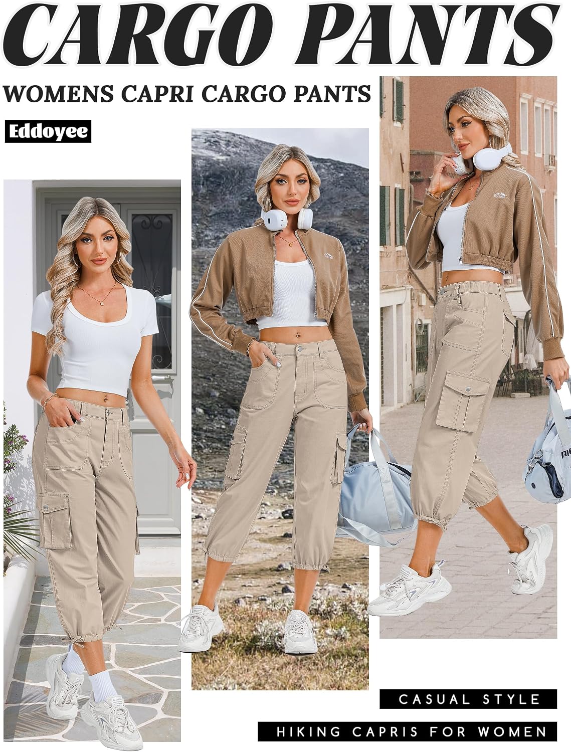 Eddoyee Cargo Capris for Women Cotton Hiking Pants with 6 Pockets Elastic High Waist Casual Summer Pants