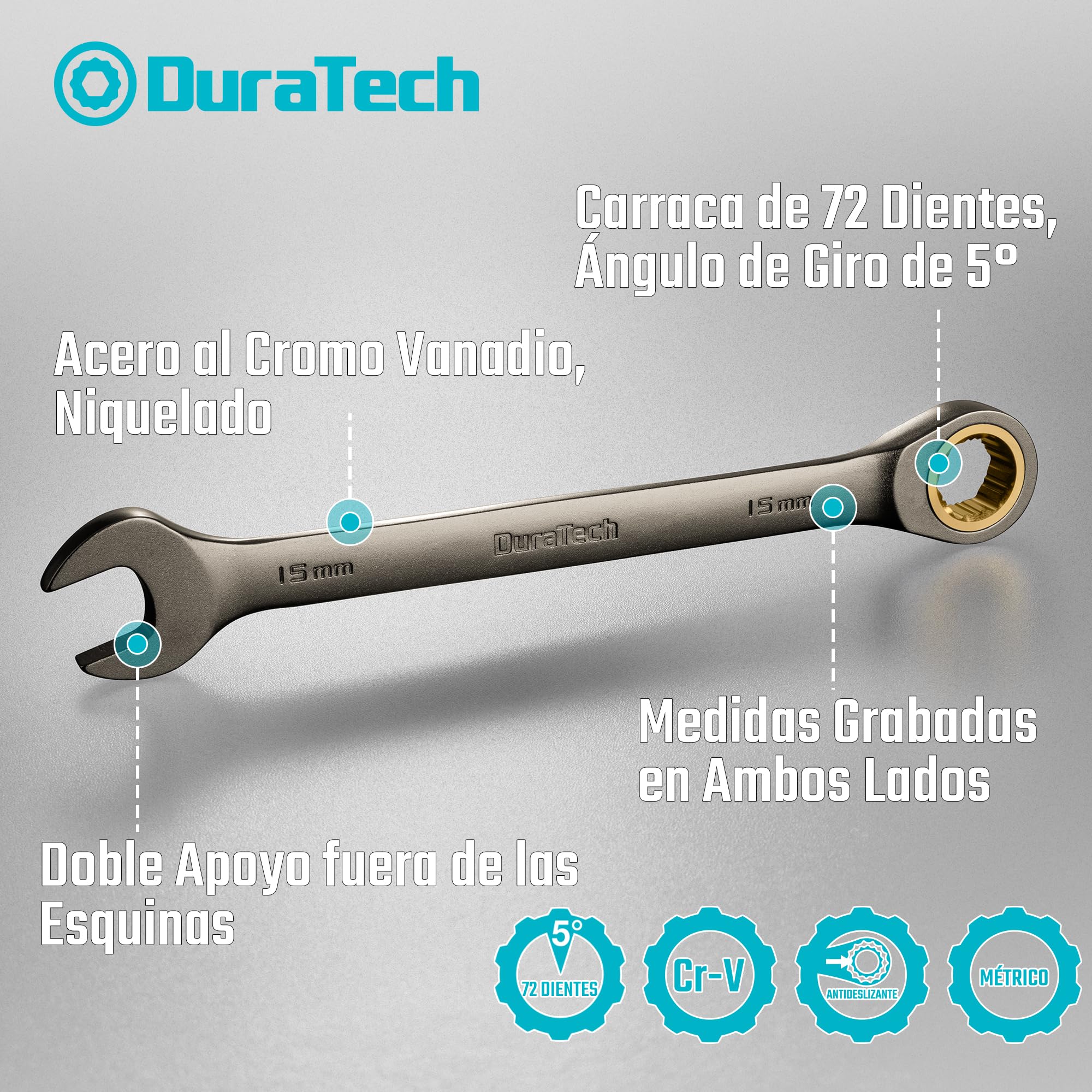 Duratech Juego de 10 llaves mixtas con trinquete antideslizantes, métricas 6-18 mm, 72 dientes, niqueladas, acero CR-V, con funda