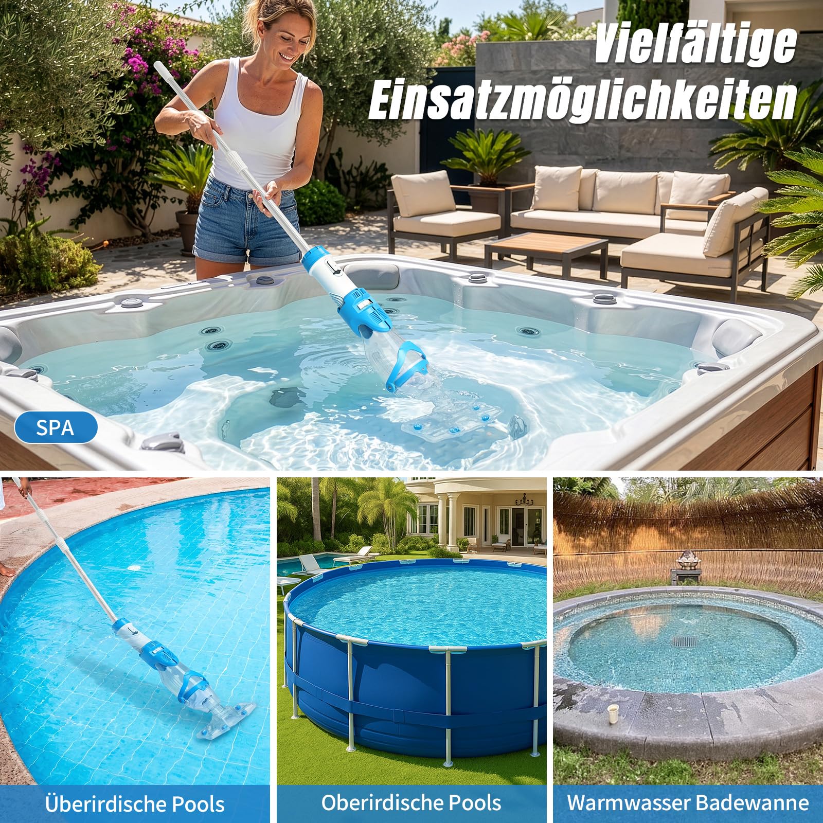 LEADZM Poolsauger Akku, Handsauger, Bodensauger bis zu 60 Minuten, Absaugung bis zu 4300L/H, Pool Sauger mit 250cm Teleskopstange, Poolreiniger mit 2 Filter (Blau)