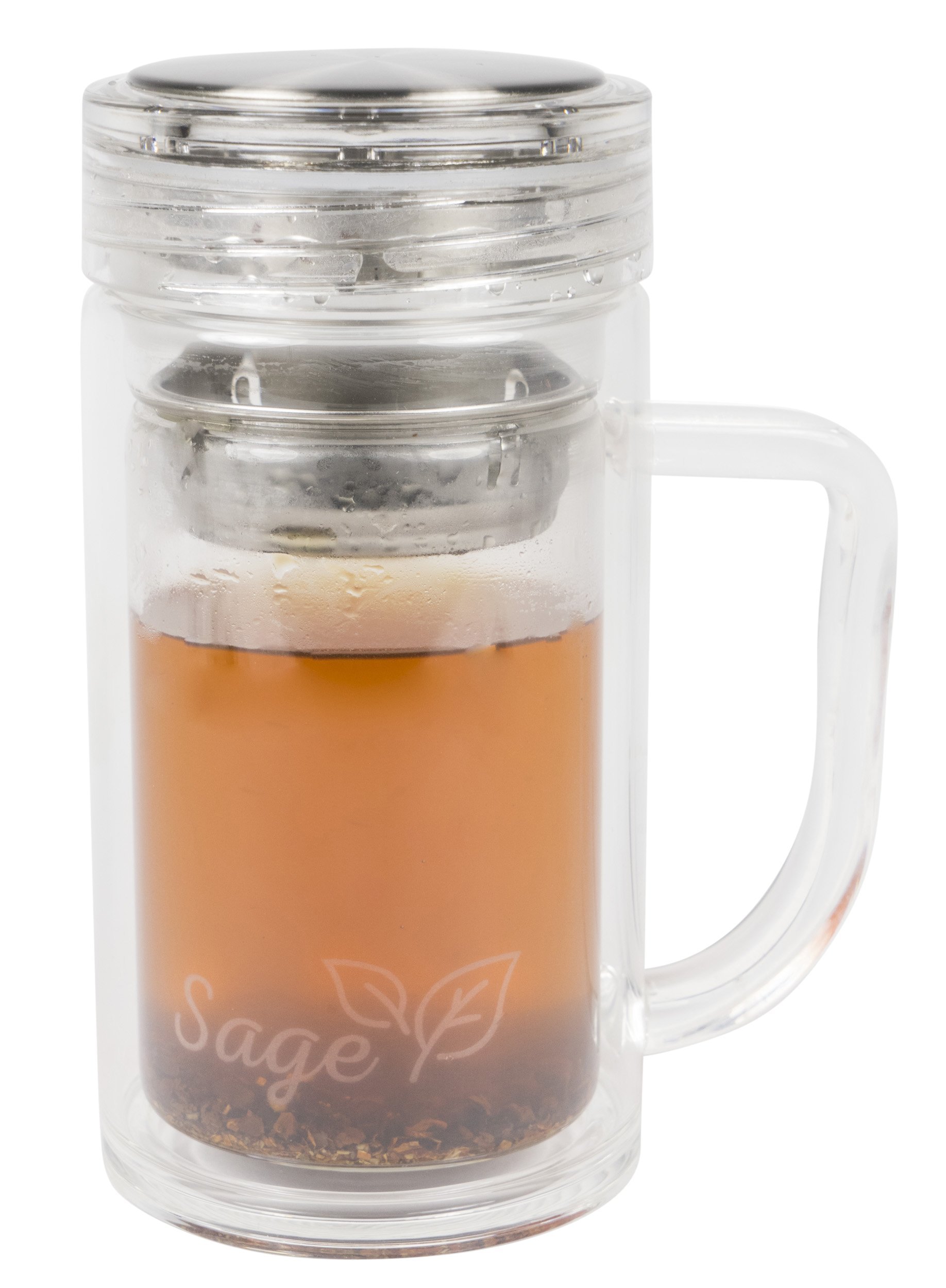 NEW - Sage Tea Infuser Mug - Portable Tumbler With Stainless Steel Strainer For Loose Leaf Tea And Fruit - Double Wall Glass, 14 Oz.