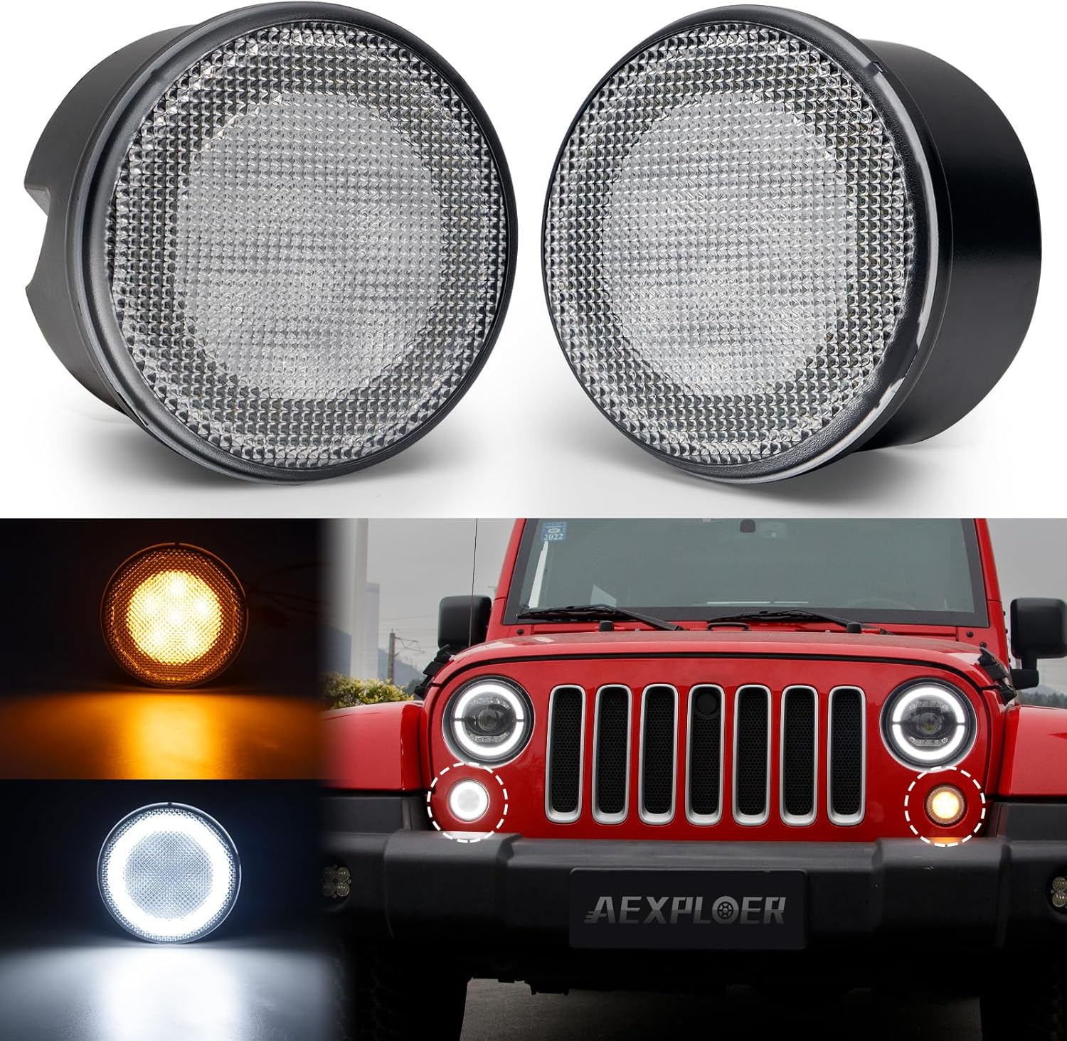 LED Turn Signal Lights Compatible with Wrangler JK JKU 2007-2018, White Halo as Daytime Running Lights,Yellow Honycomb LED as Turn Signal 2PCS (Clear Lens)