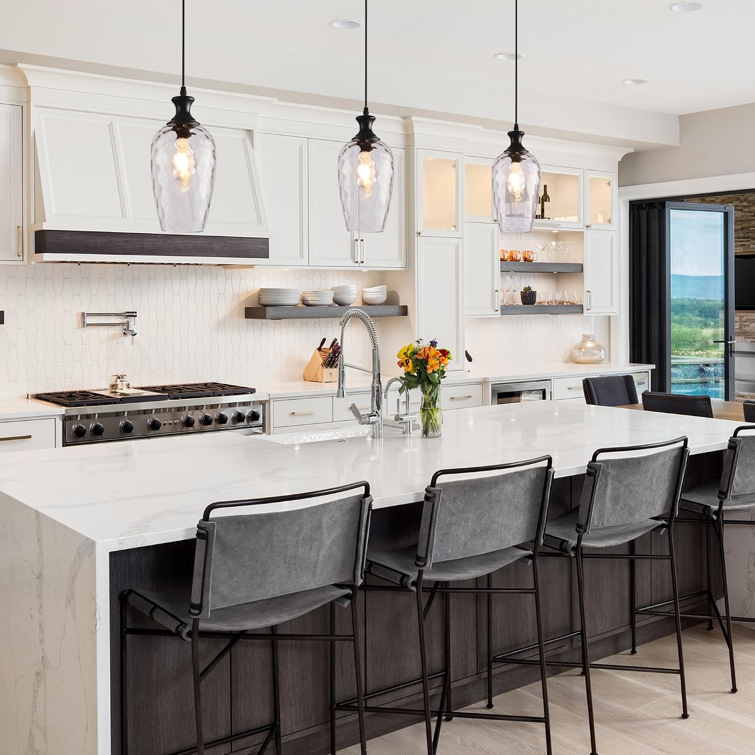 3 Pack Glass Pendant Lights Kitchen Island, 1-Light Black Pendant Light Fixtures with Hand-Blown Clear Glass, Farmhouse Hanging Light for Kitchen Sink Dining Room Bedroom, E26