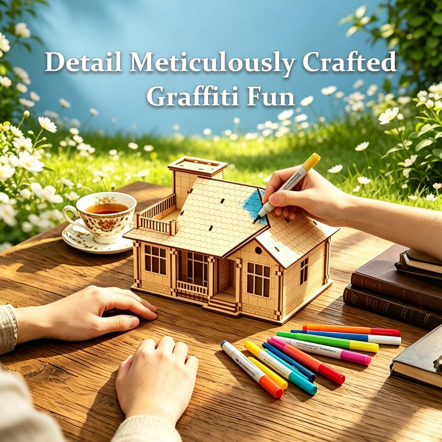 3D Wooden Puzzle for Adults, DIY Miniature House Kit, Garden Villa Building Set, Doodle Color, Rustic Style, Home Decor Display, Creative Craft Gift for Friends & Teens,One Layer
