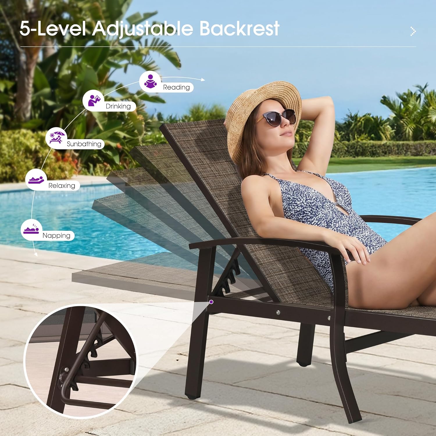 PURPLE LEAF Outdoor Chaise Lounge Chair Set of 3 Patio Pool Lounger Aluminum Chairs with Side Table and Wheels Adjustable Tanning Recliner with Armrests for Outside Backyard Deck Beach, Brown