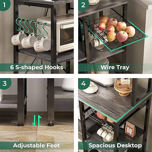 Miniatura 6 de SUPERJARE Estante para panaderos con toma de corriente, barra de café de 35.4 pulgadas con canasta de alambre, soporte de microondas de cocina con 6
