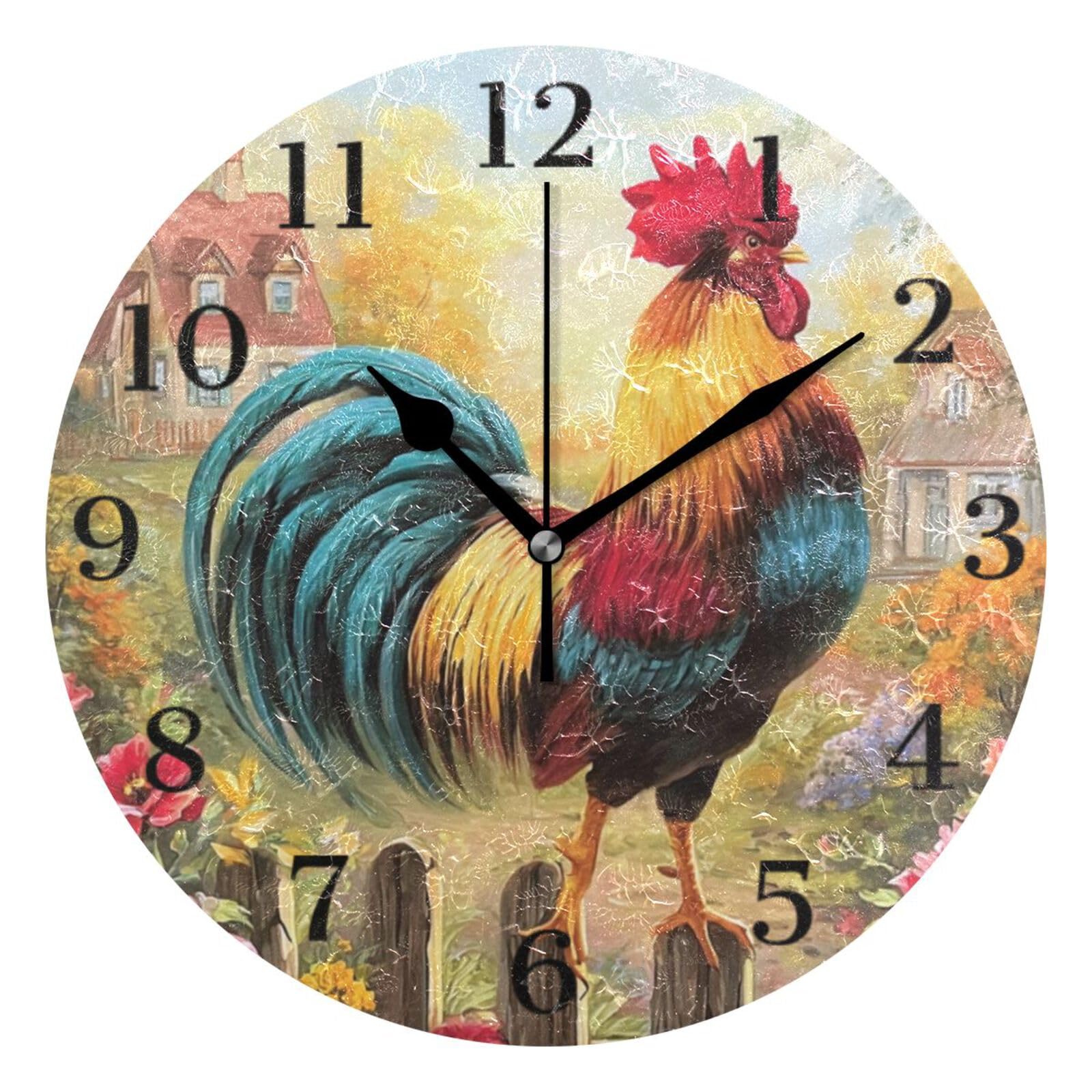 Ensound Farm Flower Rooster Wall Clock Silent Non-Ticking Battery Operated Clocks 12 Inch for Kitchen Home Living Room
