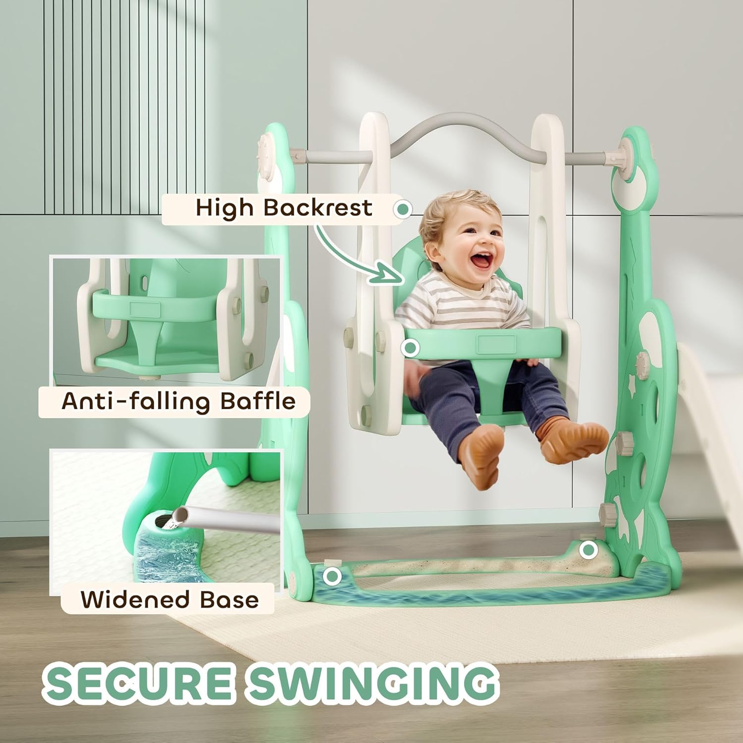 4in1 Family-Friendly Toddler Playground Set Ages 1.5-4 with Slide Swing Climber Basketball Hoop Green Safety Approved Materials