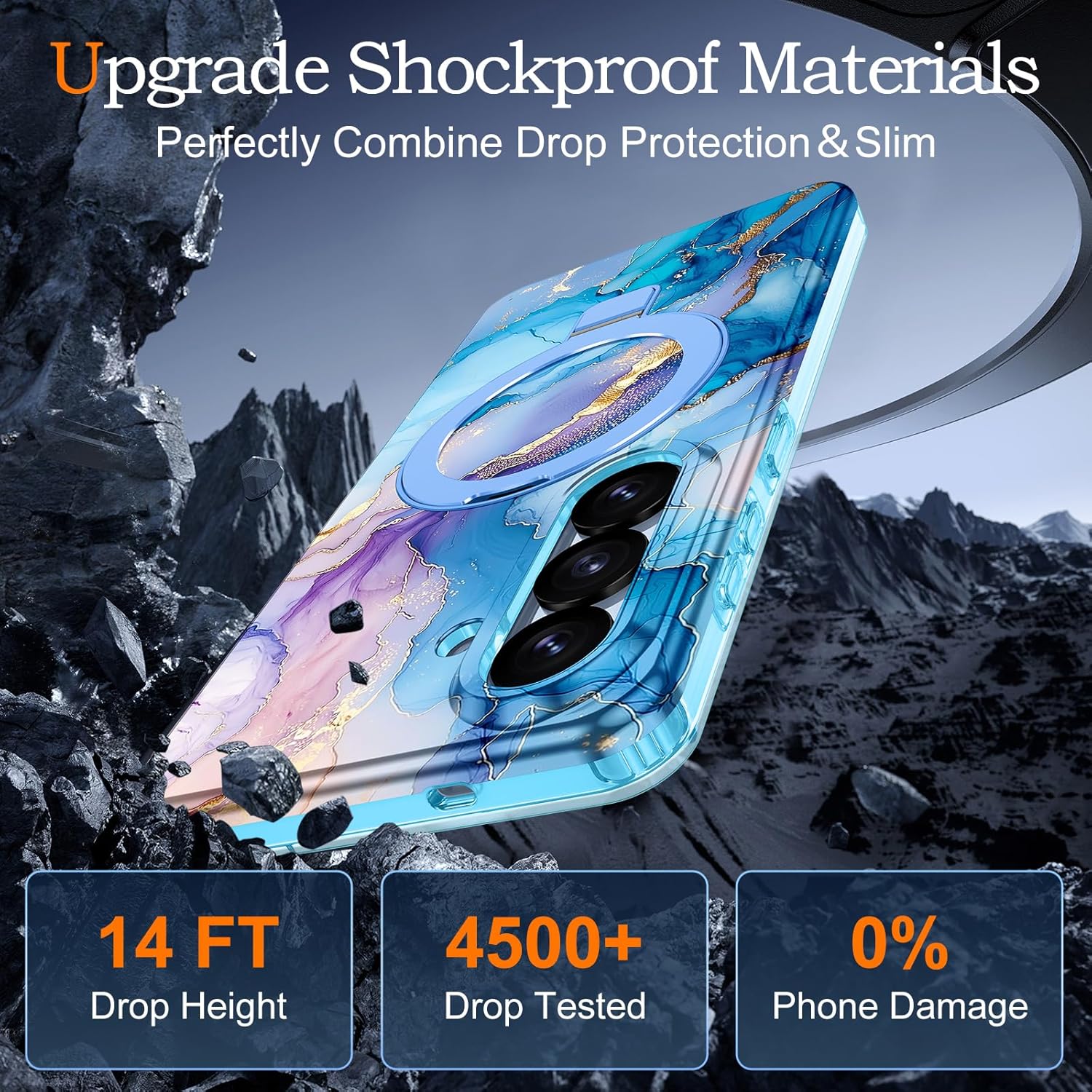 for Samsung Galaxy S26 Case, [Magnetic Invisible Stand] [Compatible with MagSafe] [Military Grade Drop Protection] Slim Glossy Marble Pattern Back Shockproof Protective Cover, Blue